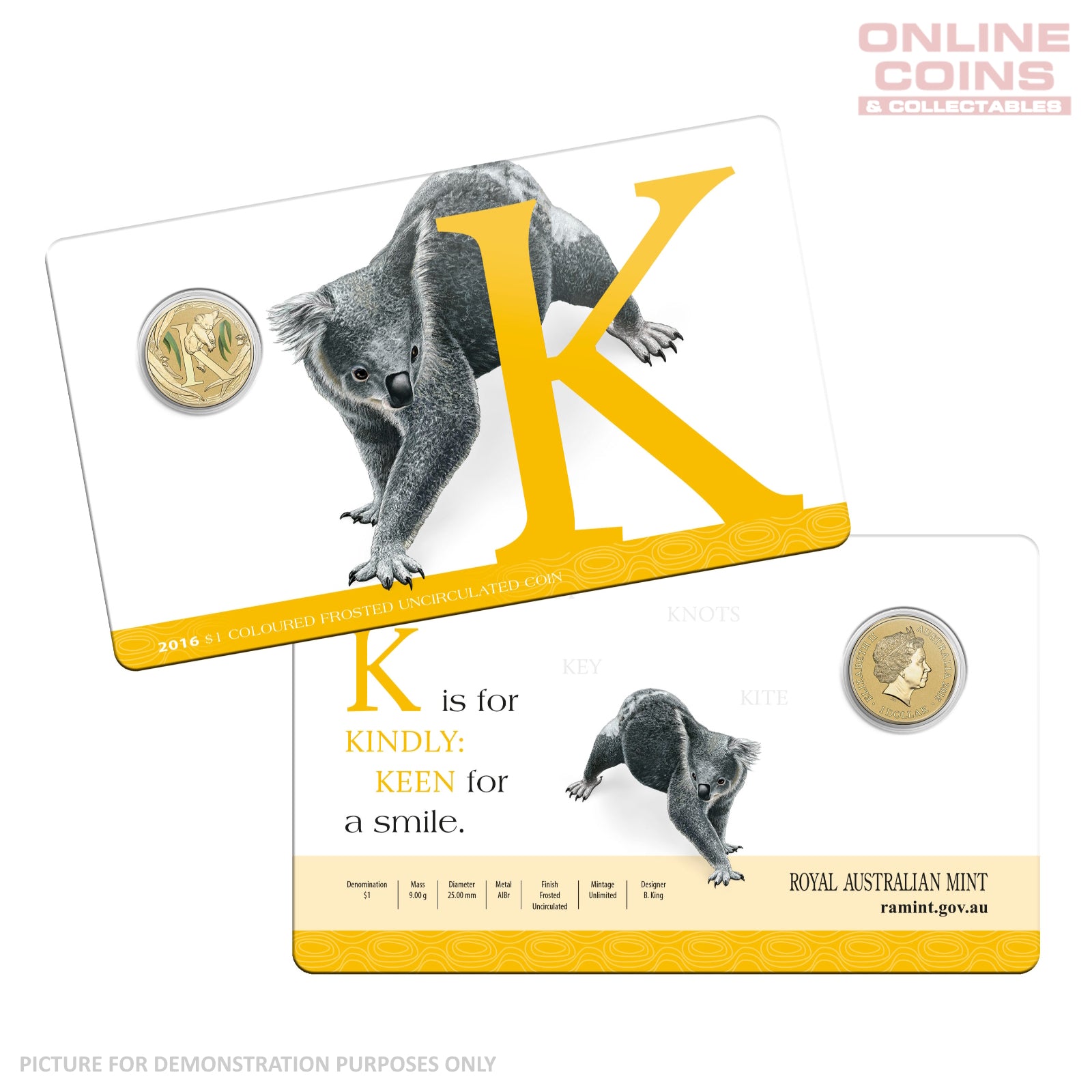 2016 $1 Coloured Alphabet Frosted Coin In Card - K for Koala